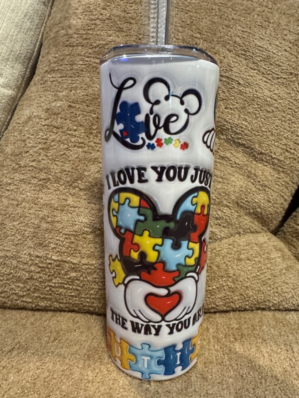 Autism Hand Crafted White Puzzle Heart Autism Awareness Skinny Tumbler